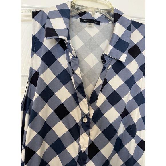 Tommy Hilfiger Women's Sleeveless Blue Checked Cotton Button Midi Dress 12 - Picture 3 of 8